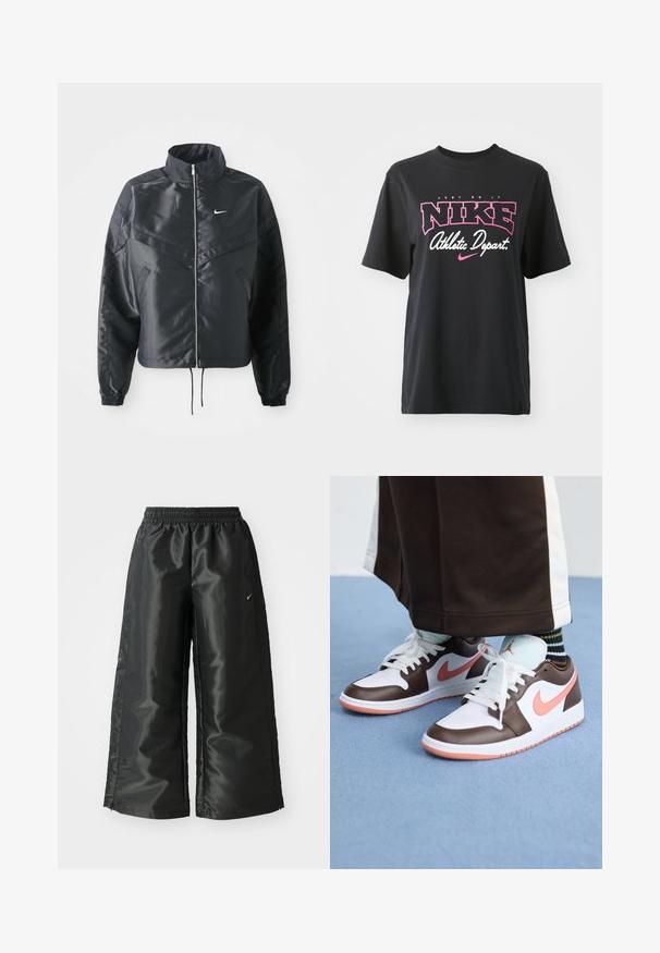 Čierna skrátená bunda s vysokým golierom, zipsovým uzatváraním, elastickými manžetami a bielym logom Nike. Hladká, lesklá tkanina s mierne textúrovaným povrchom.; Čierne bavlnené tričko s grafickým potlačou v ružovej a bielej farbe s textom "JUST DO IT", "NIKE" a "Athletic Depart". Štandardný strih.; Čierne športové nohavice s lesklým, hladkým materiálom, ktoré majú elastický pás, široké nohavice a malé logo na ľavej strane.; Biele a hnedé tenisky Nike Air Jordan s ružovými akcentmi, s nízkym dizajnom, bielymi šnúrkami a textúrovanou gumovou podrážkou.
