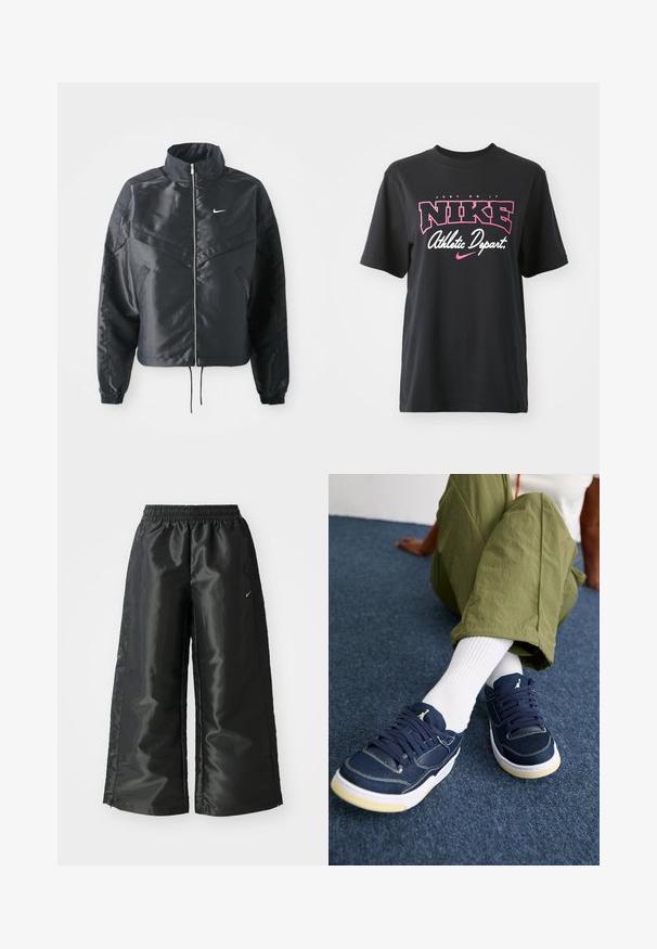 Must kolledžiga must lühike jope, millel on lukuga sulgus, elastne mansett ja valge Nike logo. Sile, läikiv kangas, millel on veidi tekstureeritud pind.; Must musta T-särk musta värviga, millel on roosa ja valge graafiline print tekstiga "JUST DO IT", "NIKE" ja "Athletic Depart." Tavaline lõige.; Mustad mustad sportsipüksid läikiva, siledaga kangaga, pa elastse vöökoha, laia sääre ja väikese logoga vasakul küljel.; Inimene, kes kannab rohelisi pükse, valgeid lühikesi sokke ja tumedat sinist jalatsit valgete talladega, istub tumesinisel vaibal.