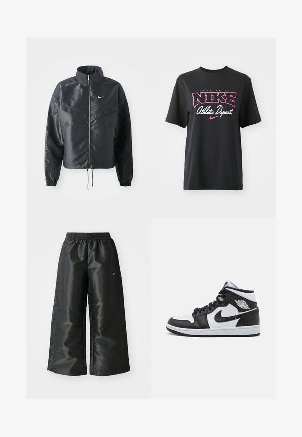 Black cropped jacket with high collar, zip closure, elastane cuffs, and a white Nike logo. Smooth, shiny fabric with a slightly textured surface.; Black cotton T-shirt featuring a graphic print in pink and white with the text "JUST DO IT," "NIKE," and "Athletic Depart." Standard fit.; Black athletic pants with a shiny, smooth fabric, featuring an elastic waistband, wide legs, and a small logo on the left side.; High-top basketball shoes in black and white leather, featuring perforations on the toe box, a Nike swoosh, and a wing logo on the ankle.
