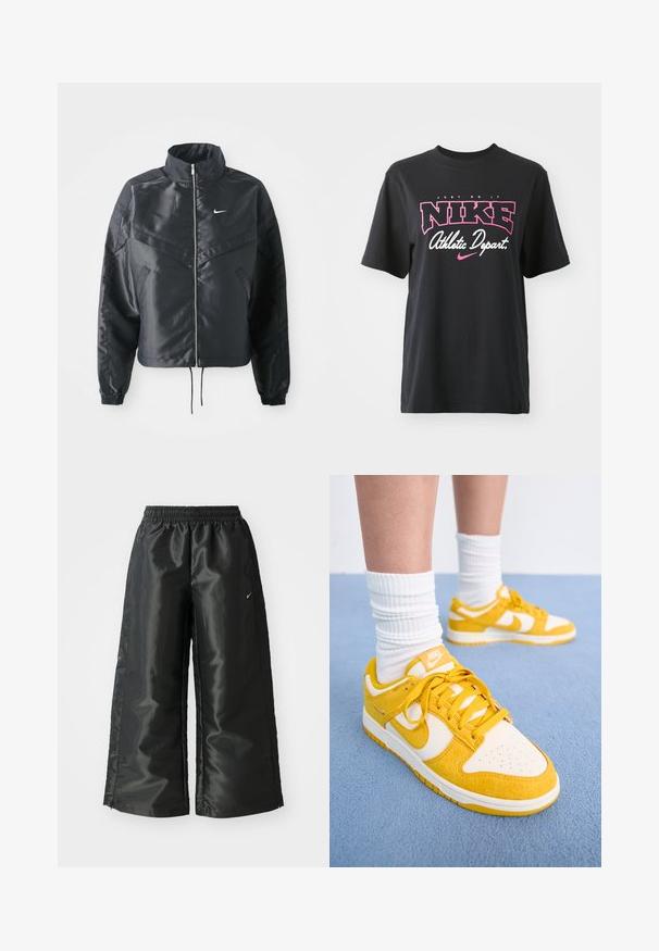 Casaco preto curto com colarinho alto, fecho de zip, punhos em elastano e um logótipo Nike branco. Tecido suave e brilhante com uma superfície ligeiramente texturizada.; T-shirt de algodão preto com impressão gráfica em rosa e branco com o texto "FAÇA ACONTECER", "NIKE" e "Departamento Atlético". Corte standard.; Calças atléticas pretas com um tecido brilhante e suave, apresentando uma cintura elástica, pernas largas e um pequeno logotipo do lado esquerdo.; Ténis Nike com um design em camurça amarela e pele branca, apresentando atacadores redondos, caixa do dedo perfurada e sola de borracha. Meias brancas visíveis.