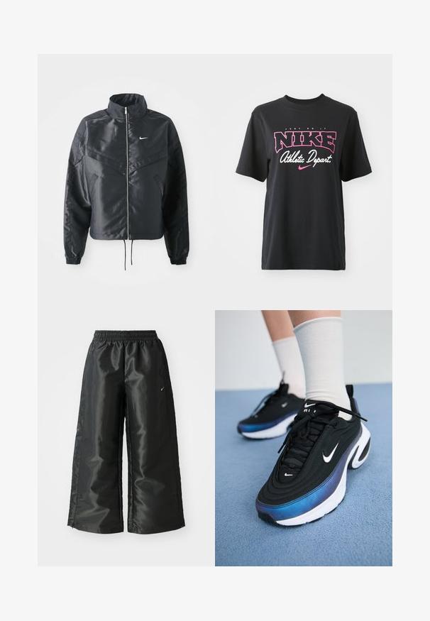 Jachetă croppată neagră cu guler înalt, închidere cu fermoar, manșete din elastan și un logo alb Nike. Material neted, lucios, cu o suprafață ușor texturată.; Tricou din bumbac negru cu un print grafic în roz și alb, având textul "JUST DO IT," "NIKE," și "Departament Atlet." Croială standard.; Pantaloni sportivi negri dintr-un material lucios si neted, dotati cu o talie elastica, picioare late si un logo mic pe partea stanga.; Adidași negri Nike cu un material superior neted, având un design în gradient de la albastru la negru, talpă albă și accente logo proeminente.