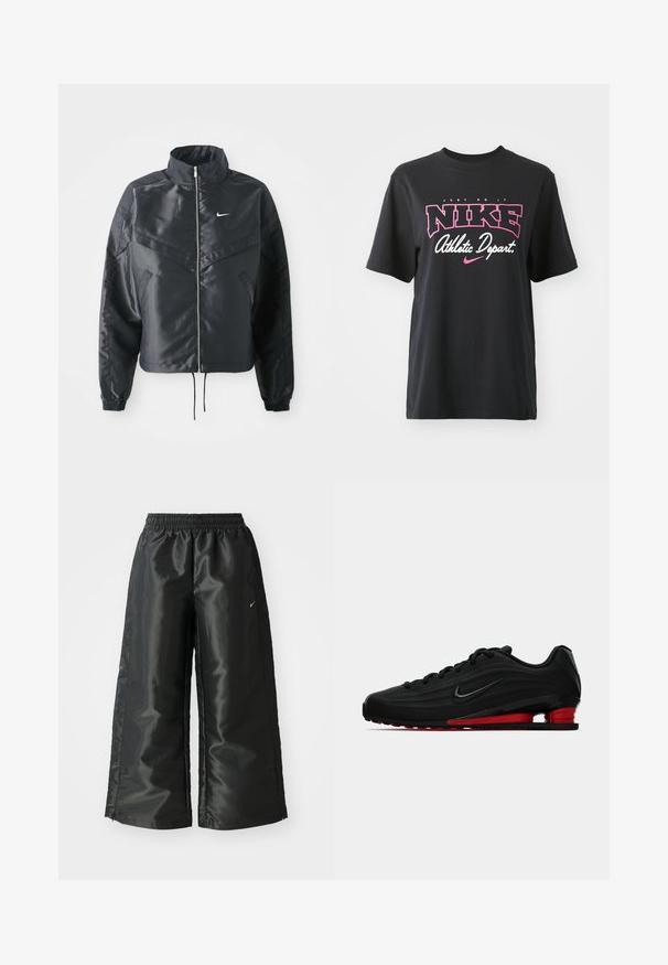 Svart cropped jakke med høy krage, glidelåsåpning, elastiske mansjetter og en hvit Nike-logo. Glatt, shiny stoff med en lett teksturert overflate.; Svart bomulls T-skjorte med grafisk trykk i rosa og hvitt med teksten "JUST DO IT," "NIKE," og "Athletic Depart." Standard passform.; Svarte treningsbukser med en blank, glatt stoff, som har et elastisk liv, vide ben og en liten logo på venstre side.; Svart Nike løpesko med rød dempesåle og svart swoosh-logo, vist i sideprofil på en hvit bakgrunn.