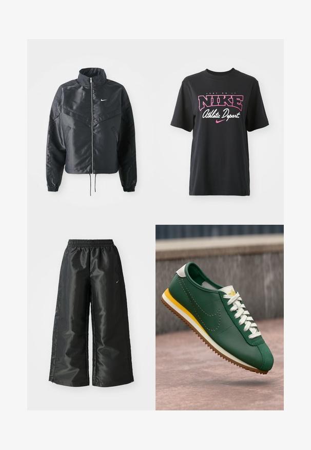 Black cropped jacket with high collar, zip closure, elastane cuffs, and a white Nike logo. Smooth, shiny fabric with a slightly textured surface.; Black cotton T-shirt featuring a graphic print in pink and white with the text "JUST DO IT," "NIKE," and "Athletic Depart." Standard fit.; Black athletic pants with a shiny, smooth fabric, featuring an elastic waistband, wide legs, and a small logo on the left side.; Green leather sneaker with white laces, perforated swoosh logo, yellow stripe on midsole, and brown rubber outsole suspended above ground.
