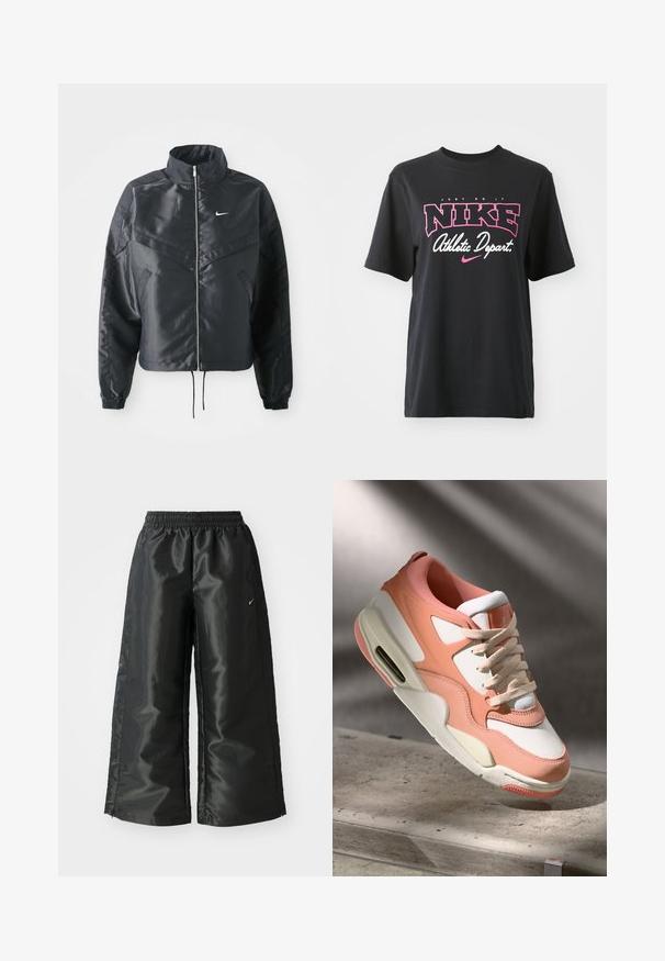 Jachetă croppată neagră cu guler înalt, închidere cu fermoar, manșete din elastan și un logo alb Nike. Material neted, lucios, cu o suprafață ușor texturată.; Tricou din bumbac negru cu un print grafic în roz și alb, având textul "JUST DO IT," "NIKE," și "Departament Atlet." Croială standard.; Pantaloni sportivi negri dintr-un material lucios si neted, dotati cu o talie elastica, picioare late si un logo mic pe partea stanga.; Pantof cu un upper roz pal și alb, cu panouri din suede texturat, un guler căptușit și o unitate de aer vizibilă în călcâi. Talpă de culoare crem.