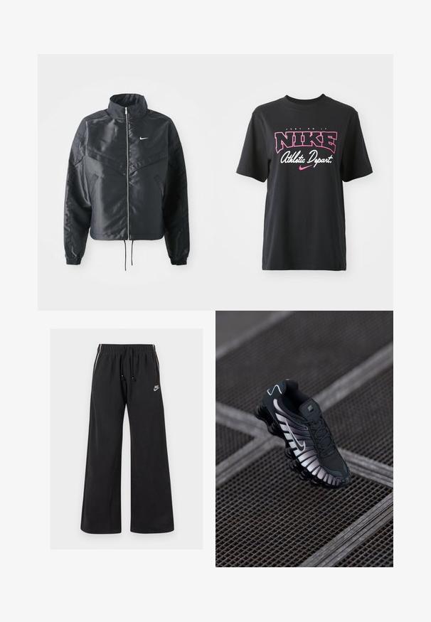 Czarna krótka kurtka z wysokim kołnierzem, zamek błyskawiczny, ściągacze z elastanu i białe logo Nike. Gładki, błyszczący materiał o lekko teksturowanej powierzchni.; Czarna bawełniana koszulka z grafiką w różowym i białym kolorze z napisem "JUST DO IT", "NIKE" oraz "Athletic Depart". Standardowy krój.; Czarne dresy wykonane z miękkiego materiału, z elastycznym paskiem w talii z sznurkiem, bocznymi paskami i małym logo z przodu po lewej stronie.; Czarne sportowe buty z teksturowaną siateczką, srebrnymi akcentami, wsparciem łuku i wyściełaną podeszwą z wydzielonym wzorem.