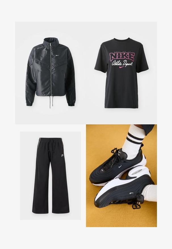 Fekete, rövidített dzseki magas gallérral, cipzáras záródással, elasztikus mandzsettákkal, és fehér Nike logóval. Simább, fényes anyag, enyhén textúrázott felülettel.; Fekete pamut póló, rózsaszín és fehér grafikai nyomattal, rajta a "JUST DO IT", "NIKE" és "Athletic Depart" feliratokkal. Szabványos fazon.; Fekete, puha anyagból készült melegítőnadrág, elasztikus derékkal és húzózsinórral, oldalsó csíkokkal és egy kis logóval az elülső bal oldalon.; Fekete Nike Air Max 97 sportcipők texturált felsőrésszel, fehér talppal és fekete díszítésekkel. Fehér bordázott zoknival viselve, amely fekete csíkokkal díszített.