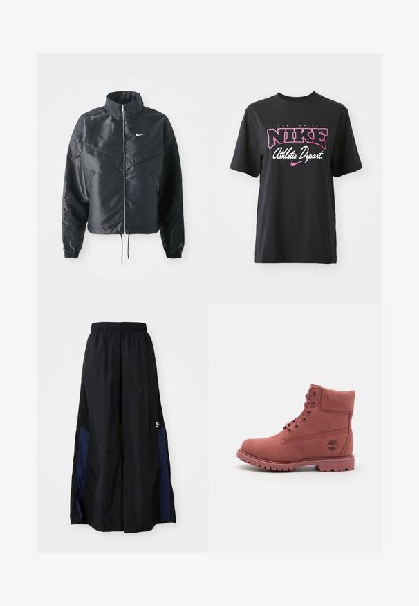 Must kolledžiga must lühike jope, millel on lukuga sulgus, elastne mansett ja valge Nike logo. Sile, läikiv kangas, millel on veidi tekstureeritud pind.; Must musta T-särk musta värviga, millel on roosa ja valge graafiline print tekstiga "JUST DO IT", "NIKE" ja "Athletic Depart." Tavaline lõige.; Mustad laiad mustad püksid kergest kangast, millel on tumesinine külgpaneel ja elastne vöökoht. Väike valge logo allservas.; Kerge roosa nubukist pahkluu saapad, ümmarguse varbaga, tikkimise detailidega ja logoga küljel, roostevabast kummist tallaga ning nööbiga sulgemine.