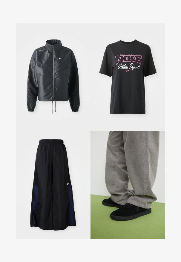 Fekete, rövidített dzseki magas gallérral, cipzáras záródással, elasztikus mandzsettákkal, és fehér Nike logóval. Simább, fényes anyag, enyhén textúrázott felülettel.; Fekete pamut póló, rózsaszín és fehér grafikai nyomattal, rajta a "JUST DO IT", "NIKE" és "Athletic Depart" feliratokkal. Szabványos fazon.; Fekete, bő szárú nadrág könnyű anyagból, tengerészkék oldalsó panellel és elasztikus derékkal. Kicsi fehér logó az alján.; Fekete velúr gördeszkás cipők struktúrált felülettel és logóval, szürke kordbársony nadrággal, amely bordázott textúrával rendelkezik. Zöld padlófelület.