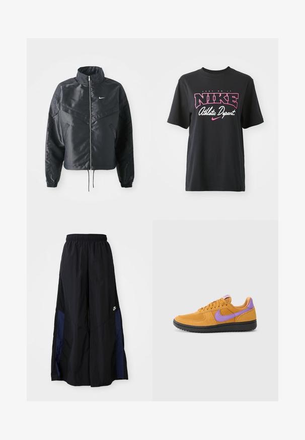 Černá zkrácená bunda s vysokým límcem, zipovým zapínáním, elastickými manžetami a bílým logem Nike. Hladká, lesklá látka s mírně strukturovaným povrchem.; Černé bavlněné tričko s grafickým potiskem v růžové a bílé barvě, se sloganem "JUST DO IT", "NIKE" a "Athletic Depart." Standardní střih.; Černé kalhoty širokého střihu vyrobené z lehkého materiálu, s námořnickou modrou bočním panelem a elastickým pasem. Malé bílé logo na spodní části.; Oranžové semišové tenisky s fialovými akcenty, s designem na šněrování, kulatou špičkou a texturovanou černou gumovou podrážkou.