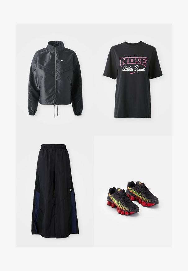 Černá zkrácená bunda s vysokým límcem, zipovým zapínáním, elastickými manžetami a bílým logem Nike. Hladká, lesklá látka s mírně strukturovaným povrchem.; Černé bavlněné tričko s grafickým potiskem v růžové a bílé barvě, se sloganem "JUST DO IT", "NIKE" a "Athletic Depart." Standardní střih.; Černé kalhoty širokého střihu vyrobené z lehkého materiálu, s námořnickou modrou bočním panelem a elastickým pasem. Malé bílé logo na spodní části.; Černé tenisky Nike s gradientními akcenty v žluté, zelené a červené barvě. Mají výrazný texturovaný design a masivní červenou podrážku.