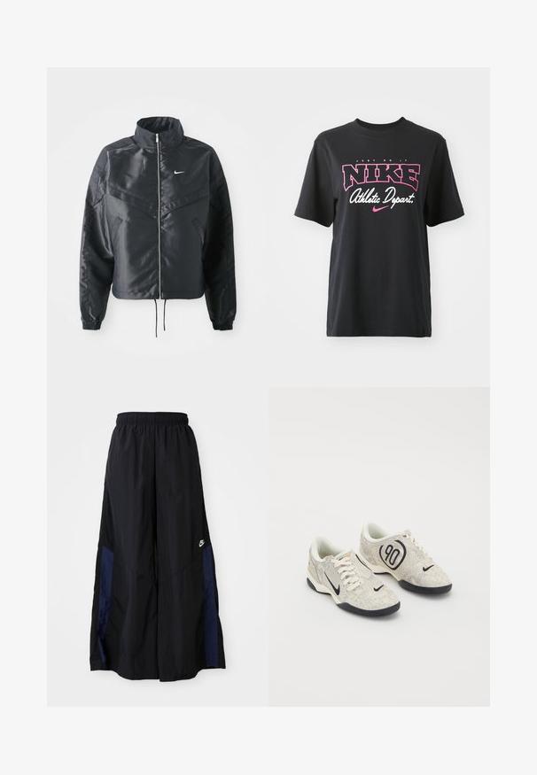 Czarna krótka kurtka z wysokim kołnierzem, zamek błyskawiczny, ściągacze z elastanu i białe logo Nike. Gładki, błyszczący materiał o lekko teksturowanej powierzchni.; Czarna bawełniana koszulka z grafiką w różowym i białym kolorze z napisem "JUST DO IT", "NIKE" oraz "Athletic Depart". Standardowy krój.; Czarne spodnie szerokie wykonane z lekkiego materiału, z granatowym bocznym panelem i elastycznym paskiem w talii. Małe białe logo na dole.; Sneakers Nike z beżową i szaro teksturowaną cholewką, czarnymi akcentami, dużym logo "90" oraz białym wiązaniem. Czarna podeszwa.