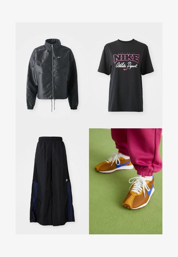 Casaco preto curto com colarinho alto, fecho de zip, punhos em elastano e um logótipo Nike branco. Tecido suave e brilhante com uma superfície ligeiramente texturizada.; T-shirt de algodão preto com impressão gráfica em rosa e branco com o texto "FAÇA ACONTECER", "NIKE" e "Departamento Atlético". Corte standard.; Calças largas pretas feitas de tecido leve, com um painel lateral azul-marinho e cintura elástica. Pequeno logótipo branco na parte inferior.; Ténis castanhos e azuis com uma combinação de materiais de malha e camurça, com atacadores brancos e uma sola texturizada castanha, posicionados sobre um piso verde.