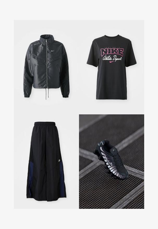 Jachetă croppată neagră cu guler înalt, închidere cu fermoar, manșete din elastan și un logo alb Nike. Material neted, lucios, cu o suprafață ușor texturată.; Tricou din bumbac negru cu un print grafic în roz și alb, având textul "JUST DO IT," "NIKE," și "Departament Atlet." Croială standard.; Pantaloni negri cu croi larg, confecționați dintr-un material ușor, având un panou lateral albastru marin și un brâu elastic. Logo mic alb în partea de jos.; Pantofii sport negri cu partea superioară din plasă texturată, accente argintii, suport pentru arc și talpă călcătoare cu un design distinctiv segmentat.