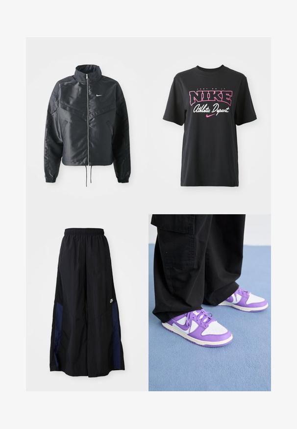 Must kolledžiga must lühike jope, millel on lukuga sulgus, elastne mansett ja valge Nike logo. Sile, läikiv kangas, millel on veidi tekstureeritud pind.; Must musta T-särk musta värviga, millel on roosa ja valge graafiline print tekstiga "JUST DO IT", "NIKE" ja "Athletic Depart." Tavaline lõige.; Mustad laiad mustad püksid kergest kangast, millel on tumesinine külgpaneel ja elastne vöökoht. Väike valge logo allservas.; Nike Sportswear DUNK NEXT NATURE - Tossud - summit white/black raspberry