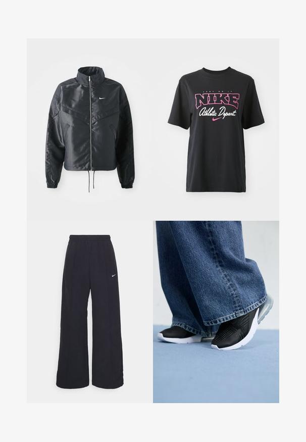 Μαύρο cropped μπουφάν με ψηλό γιακά, κλείσιμο με φερμουάρ, μανσέτες από ελαστάνη και λευκό λογότυπο Nike. Λείο, γυαλιστερό ύφασμα με ελαφρώς υφή.; Μαύρο βαμβακερό T-shirt με γραφικό τύπωμα σε ροζ και λευκό που περιλαμβάνει το κείμενο "JUST DO IT," "NIKE," και "Athletic Depart." Κανονική εφαρμογή.; Μαύρο παντελόνι με φαρδιά καμπάνα, με ελαστική μέση και μικρό λογότυπο Nike σε λευκό χρώμα. Το ύφασμα έχει λεία υφή, σχεδιασμένο για άνεση και casual εμφάνιση.; Μαύρα αθλητικά παπούτσια με διχτυωτή λεπτομέρεια, λευκή σόλα και ορατή αεροθάλαμο, συνδυασμένα με μπλε τζιν φαρδιάς γραμμής.