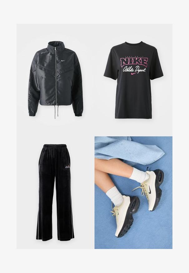 Svart cropped jakke med høy krage, glidelåsåpning, elastiske mansjetter og en hvit Nike-logo. Glatt, shiny stoff med en lett teksturert overflate.; Svart bomulls T-skjorte med grafisk trykk i rosa og hvitt med teksten "JUST DO IT," "NIKE," og "Athletic Depart." Standard passform.; Ellesse KLOSTERTALER - Joggebukse - black; Nike Air Max-sneakers har et beige og sort design, med en glat overdel, synlig luftdæmpning og flade gummisåler.