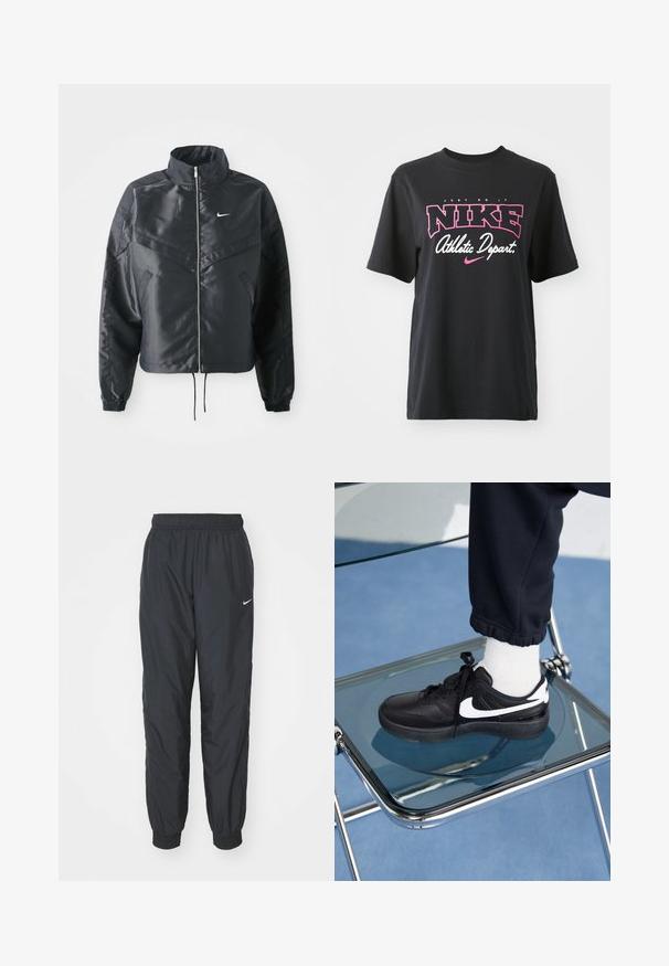 Giacca nera cropped con colletto alto, chiusura a zip, polsini in elastan e logo Nike bianco. Tessuto liscio e lucido con una superficie leggermente texturizzata.; T-shirt in cotone nero con stampa grafica in rosa e bianco con il testo "JUST DO IT", "NIKE" e "Athletic Depart." Vestibilità standard.; Pantaloni da jogging neri Nike realizzati in tessuto leggero, con vita e polsini elasticizzati e un piccolo logo bianco sulla gamba sinistra.; Sneakers Nike neri con accenti bianchi, caratterizzati da una superficie in pelle liscia, design con lacci e punta rotonda, posizionati su una sedia di vetro.