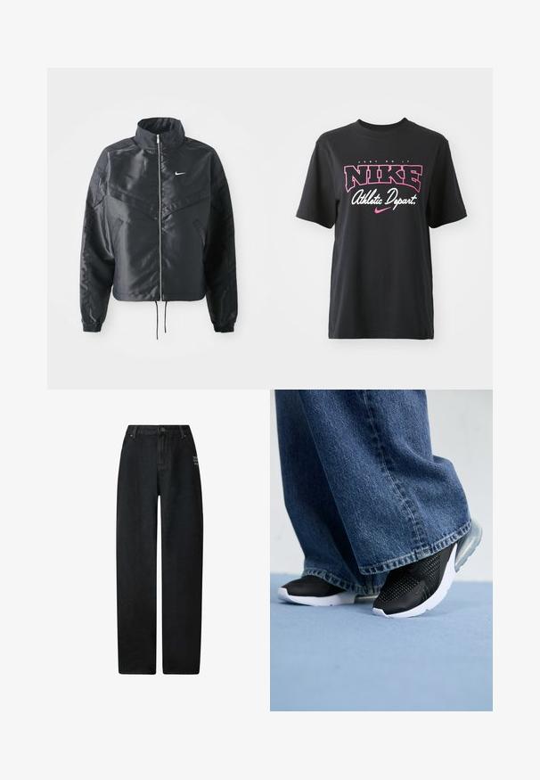 Černá zkrácená bunda s vysokým límcem, zipovým zapínáním, elastickými manžetami a bílým logem Nike. Hladká, lesklá látka s mírně strukturovaným povrchem.; Černé bavlněné tričko s grafickým potiskem v růžové a bílé barvě, se sloganem "JUST DO IT", "NIKE" a "Athletic Depart." Standardní střih.; Černé džíny s širokými nohavicemi a vysokým pasem, s pěti kapsami a malým vyšitým detailem na přední straně.; Černé sportovní boty s síťovinou, bílé podešve a viditelným vzduchovým polstrováním, v kombinaci s modrými džínovými širokými kalhotami.