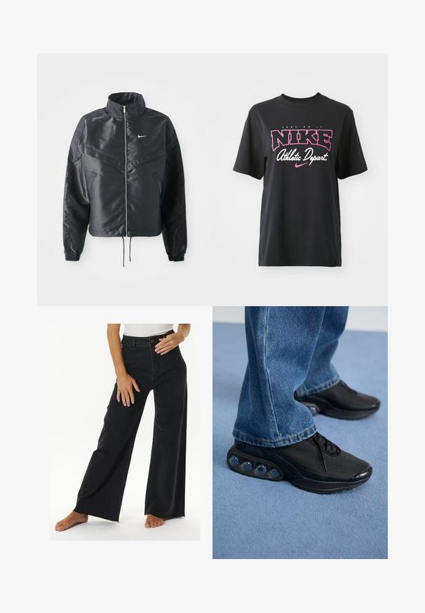 Sort cropped jakke med høj krave, lynlås lukning, elastiske manchetter og et hvidt Nike-logo. Glat, blankt stof med en let struktureret overflade.; Sort bomulds T-shirt med grafisk print i pink og hvid med teksten "JUST DO IT," "NIKE," og "Athletic Depart." Standard pasform.; Højtaljede sorte brede jeans lavet af denim, med knap- og lynlåslukning, rå kant-detaljer og sidelommer.; Sorte træningssko med mesh-overdel, teksturerede detaljer og synlige luftdæmpningspodere i sålen. Båret med blå denimjeans.