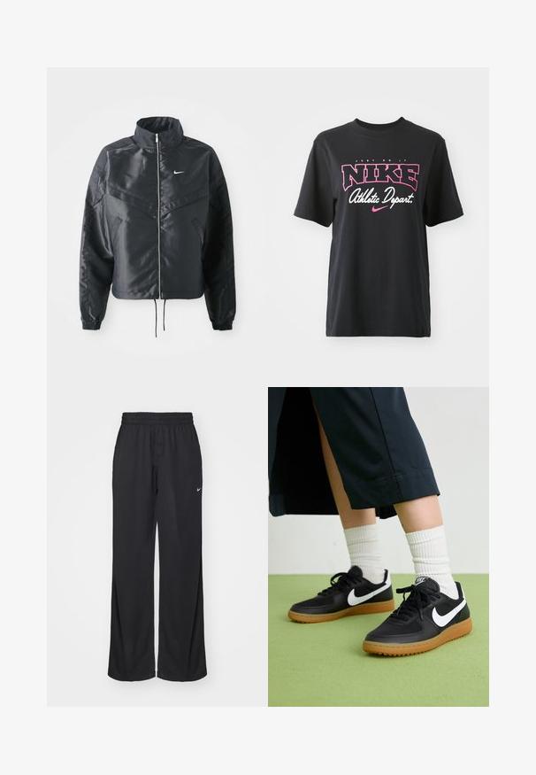 Svart kort jacka med hög krage, dragkedja, ärmslut i elastan och en vit Nike-logotyp. Slät, glänsande tyg med en något strukturerad yta.; Svart bomulls-T-shirt med ett grafiskt tryck i rosa och vitt med texten "JUST DO IT", "NIKE" och "Athletic Depart." Standard passform.; Nike Sportswear PANT COORD - Träningsbyxor - black; Svarta läder- och syntetiska sneakers med vit Nike-logga, gummisula, rund tå och svarta snörningar. Ribbad vit strumpor synliga.