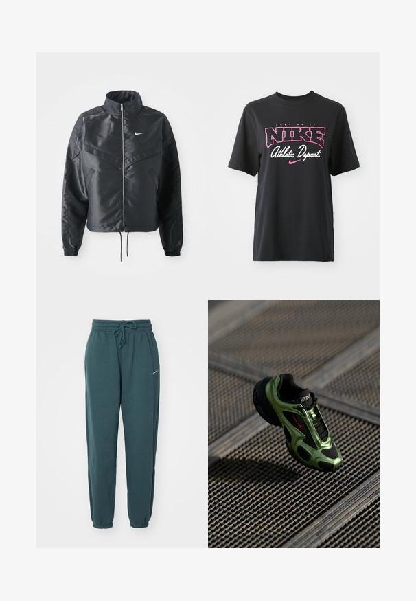 Černá zkrácená bunda s vysokým límcem, zipovým zapínáním, elastickými manžetami a bílým logem Nike. Hladká, lesklá látka s mírně strukturovaným povrchem.; Černé bavlněné tričko s grafickým potiskem v růžové a bílé barvě, se sloganem "JUST DO IT", "NIKE" a "Athletic Depart." Standardní střih.; Tyrkysové tepláky s elastickým pasem, nastavitelným stahováním a zúženými kotníky. Na levé straně je malé bílé logo.; Tenisky Nike Air Max mají elegantní černou a zelenou barvu, prodyšné síťovinové a gumové materiály, s výrazným siluetou a texturovanými akcenty.