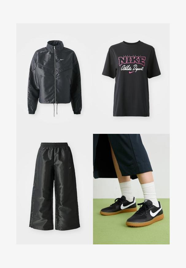 Casaco preto curto com colarinho alto, fecho de zip, punhos em elastano e um logótipo Nike branco. Tecido suave e brilhante com uma superfície ligeiramente texturizada.; T-shirt de algodão preto com impressão gráfica em rosa e branco com o texto "FAÇA ACONTECER", "NIKE" e "Departamento Atlético". Corte standard.; Calças atléticas pretas com um tecido brilhante e suave, apresentando uma cintura elástica, pernas largas e um pequeno logotipo do lado esquerdo.; Sapatilhas pretas em couro e sintético com o logo da Nike em branco, sola de borracha tipo goma, bico redondo e atacadores pretos. Meias brancas com frunces visíveis.