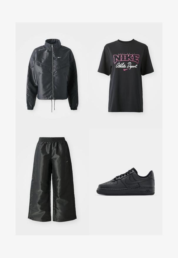 Svart kort jacka med hög krage, dragkedja, ärmslut i elastan och en vit Nike-logotyp. Slät, glänsande tyg med en något strukturerad yta.; Svart bomulls-T-shirt med ett grafiskt tryck i rosa och vitt med texten "JUST DO IT", "NIKE" och "Athletic Depart." Standard passform.; Svarta träningsbyxor i ett glänsande, slätt tyg, med en elastisk midja, vida ben och en liten logotyp på vänster sida.; Svarta lädersneakers med perforerat tånät, platta snöre och gummisula. Har en liten logotyp på sidan och texturerad detaljering.