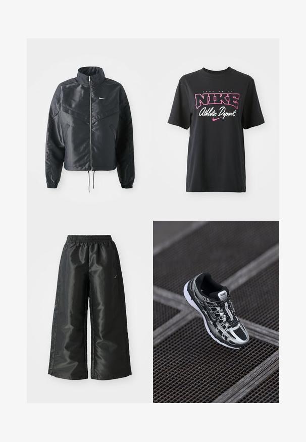 Fekete, rövidített dzseki magas gallérral, cipzáras záródással, elasztikus mandzsettákkal, és fehér Nike logóval. Simább, fényes anyag, enyhén textúrázott felülettel.; Fekete pamut póló, rózsaszín és fehér grafikai nyomattal, rajta a "JUST DO IT", "NIKE" és "Athletic Depart" feliratokkal. Szabványos fazon.; Fekete sportnadrág fényes, sima anyagból, rugalmas derékkal, széles lábakkal és egy kis logóval a bal oldalon.; Nike futócipő, fekete és ezüst színvilággal, hálós felső résszel, texturált talppal és biztos illeszkedést biztosító fűzőrendszerrel.