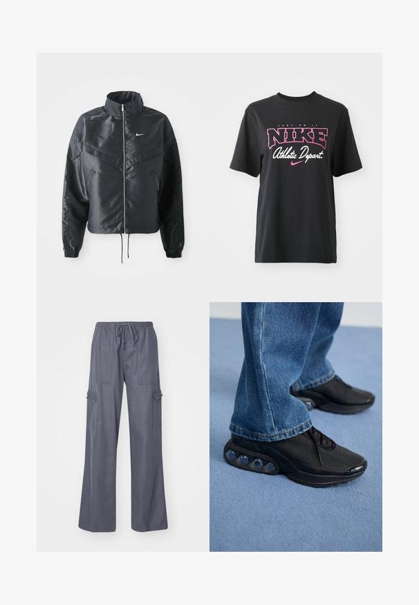 Black cropped jacket with high collar, zip closure, elastane cuffs, and a white Nike logo. Smooth, shiny fabric with a slightly textured surface.; Black cotton T-shirt featuring a graphic print in pink and white with the text "JUST DO IT," "NIKE," and "Athletic Depart." Standard fit.; Gray cargo pants with a drawstring waist, wide legs, and two side pockets. Made from a soft, lightweight fabric.; Black athletic sneakers with mesh upper, textured accents, and visible air cushioning pods in the sole. Worn with blue denim jeans.
