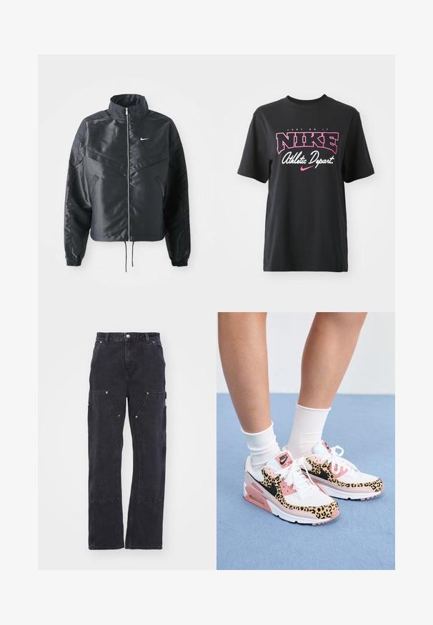 Svart kort jacka med hög krage, dragkedja, ärmslut i elastan och en vit Nike-logotyp. Slät, glänsande tyg med en något strukturerad yta.; Svart bomulls-T-shirt med ett grafiskt tryck i rosa och vitt med texten "JUST DO IT", "NIKE" och "Athletic Depart." Standard passform.; Carhartt WIP NASHUA DOUBLE KNEE PANT - Jeans relaxed fit - black; Nike Air Max-sneakers har en vit och rosa färgkombination med leopardtryck, mesh- och lädermaterial samt en distinkt gummisula.