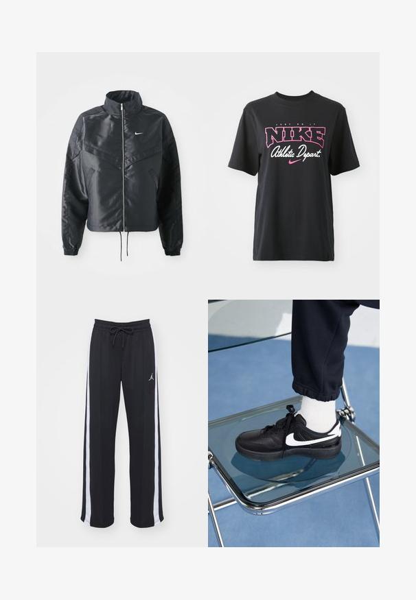 Zwarte cropped jack met hoge kraag, ritsluiting, elastische manchetten en een wit Nike-logo. Glad, glanzend materiaal met een licht gestructureerd oppervlak.; Zwarte katoenen T-shirt met een grafische print in roze en wit met de tekst "JUST DO IT," "NIKE," en "Athletic Depart." Standaard pasvorm.; Zwarte sportbroek met een relaxte pasvorm, voorzien van witte zijstrepen en een trekkoord in de taille. Inclusief een klein logo aan de voorkant.; Zwarte Nike sneakers met witte accenten, met een gladde leren textuur, vetersluiting en ronde neus, geplaatst op een glazen stoel.