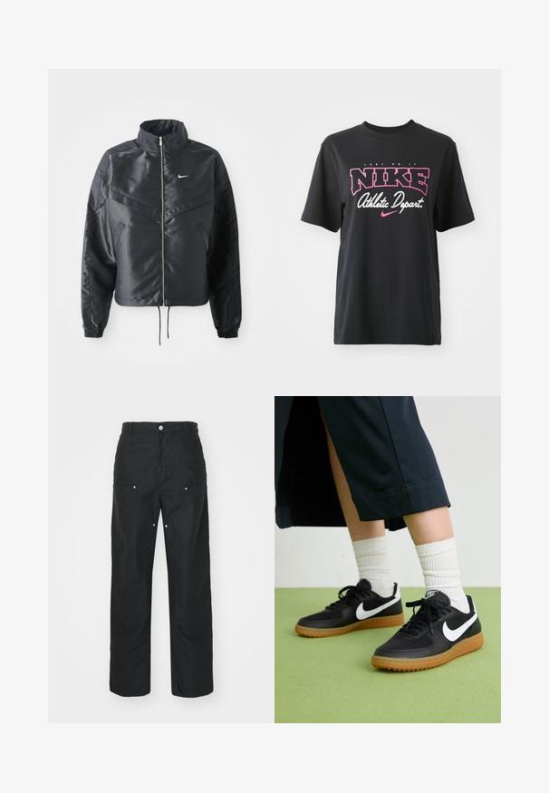Svart kort jacka med hög krage, dragkedja, ärmslut i elastan och en vit Nike-logotyp. Slät, glänsande tyg med en något strukturerad yta.; Svart bomulls-T-shirt med ett grafiskt tryck i rosa och vitt med texten "JUST DO IT", "NIKE" och "Athletic Depart." Standard passform.; Svarta byxor med rak bendesign, tillverkade av ett texturerat tyg. Har dekorativ silverhardware och unik sömdetaljering.; Svarta läder- och syntetiska sneakers med vit Nike-logga, gummisula, rund tå och svarta snörningar. Ribbad vit strumpor synliga.