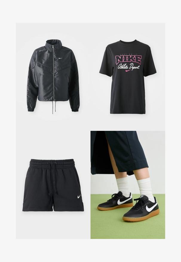 Black cropped jacket with high collar, zip closure, elastane cuffs, and a white Nike logo. Smooth, shiny fabric with a slightly textured surface.; Black cotton T-shirt featuring a graphic print in pink and white with the text "JUST DO IT," "NIKE," and "Athletic Depart." Standard fit.; Black Nike athletic shorts with elastic waistband, drawstring, side pockets, and white swoosh logo on left leg.; Black leather and synthetic sneakers with white Nike swoosh, rubber gum sole, round toe, and black laces. Ribbed white socks visible.
