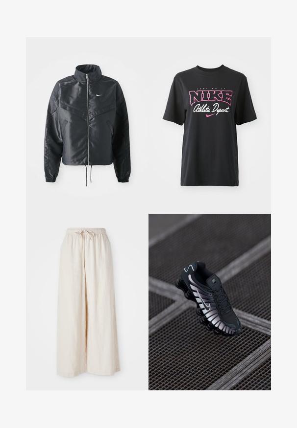 Sort cropped jakke med høj krave, lynlås lukning, elastiske manchetter og et hvidt Nike-logo. Glat, blankt stof med en let struktureret overflade.; Sort bomulds T-shirt med grafisk print i pink og hvid med teksten "JUST DO IT," "NIKE," og "Athletic Depart." Standard pasform.; Bredde ben, flødefarvede bukser med elastisk talje og snor. Glat, let linnedstof uden synlige mønstre eller hardware.; Sort atletisk sko med tekstureret mesh-overdel, sølv accenter, svangstøtte og polstret sål med en fremtrædende segmenteret design.