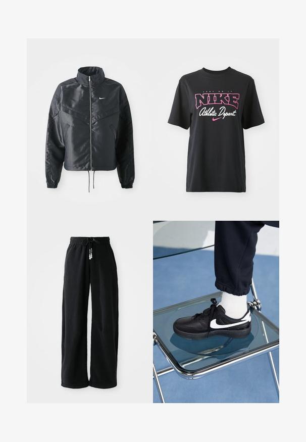 Mustat lyhyet takit, joissa on korkea kaulus, vetoketjukiinnitys, elastaanista valmistetut hihan suut ja valkoinen Nike-logo. Sileä, kiiltävä kangas, jossa on hieman tekstuuria.; Musta puuvillainen T-paita, jossa on ruusupinkki ja valkoinen graafinen printti. Tekstit "JUST DO IT", "NIKE" ja "Athletic Depart." Normaalimittainen.; Mustat jogger-housut, jotka on valmistettu pehmeästä kankaasta, jossa on naru vyötäröllä ja väljä malli. Ei kuvioita. Yksinkertainen muotoilu, jossa on resorireunat ja sivutaskut.; Mustat Nike-tennarit valkoisilla yksityiskohdilla, joissa on sileä nahkapinta, nauhakiinnitys ja pyöreä varvas, aseteltuna lasituolille.