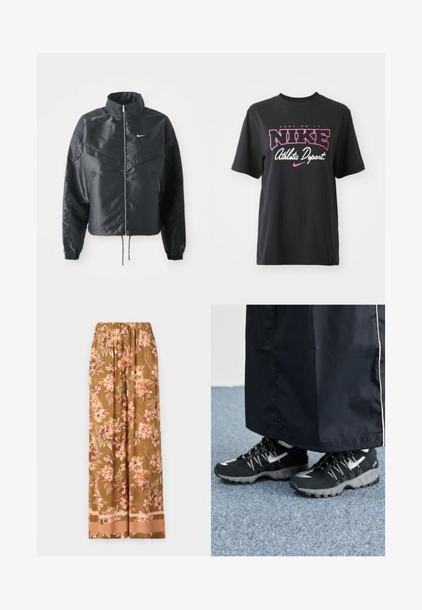 Črna skrajšana jakna z visokim ovratnikom, zadrgo, elastan rokavi in belim logotipom Nike. Gladek, sijoč material z rahlo teksturirano površino.; Črna bombažna majica s kratkimi rokavi, ki vključuje grafični potisk v roza in beli barvi ter besedilo "JUST DO IT," "NIKE," in "Athletic Depart." Standardna prileganje.; Cvečne široke hlače v olivno zeleni barvi z rožnatimi in kremnimi cvetličnimi vzorci. Imajo elastični pas in kontrastno obrobo.; Črne športne čevlje z teksturirano zgornjimi deli, srebrnimi odtenki in z vzorčenim podplatom, v kombinaciji z dolgim črnim oblačilom. Postavljeno na modrem preprogo.
