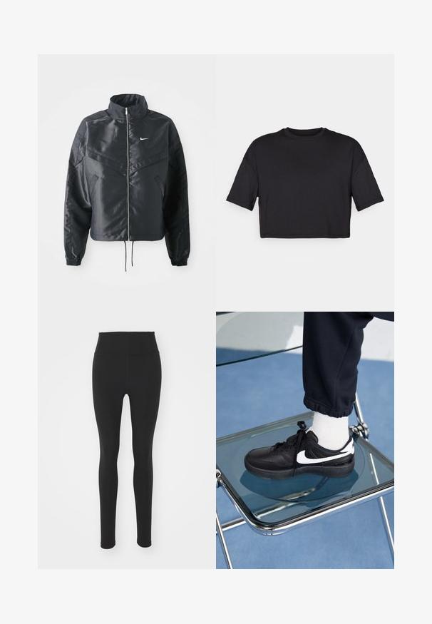 Black cropped jacket with high collar, zip closure, elastane cuffs, and a white Nike logo. Smooth, shiny fabric with a slightly textured surface.; Black cropped t-shirt made of soft fabric, featuring a round neckline and short, wide sleeves, with a simple, seamless design.; Black high-waisted leggings made of stretchy material, featuring a smooth texture and fitted design, extending to ankle length without patterns.; Black Nike sneakers with white accents, featuring a smooth leather texture, lace-up design, and rounded toe, positioned on a glass chair.