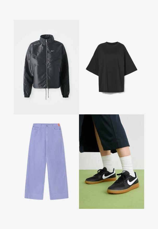 Black cropped jacket with high collar, zip closure, elastane cuffs, and a white Nike logo. Smooth, shiny fabric with a slightly textured surface.; Black oversized t-shirt made of cotton, featuring a round neckline and wide sleeves. Minimalist design with a subtle logo detail on the front.; Wide-leg pants in light purple ribbed fabric, featuring a front button closure, two pockets, and an orange accent on the waistband.; Black leather and synthetic sneakers with white Nike swoosh, rubber gum sole, round toe, and black laces. Ribbed white socks visible.