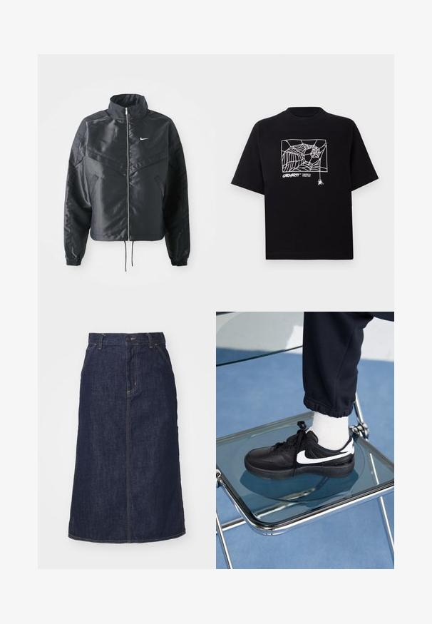 Jachetă croppată neagră cu guler înalt, închidere cu fermoar, manșete din elastan și un logo alb Nike. Material neted, lucios, cu o suprafață ușor texturată.; Tricou negru din bumbac, cu mâneci scurte. Dispune de un grafic alb cu o pânză de păianjen și un logo pe față. Guler simplu, rotund.; Fustă din denim închis, cu talie înaltă, croi drept, buzunare frontale și cusături. Include un fermoar și un nasture la talie.; Adidași negri Nike cu accente albe, cu o textură de piele netedă, design cu șireturi și vârf rotunjit, așezați pe un scaun din sticlă.