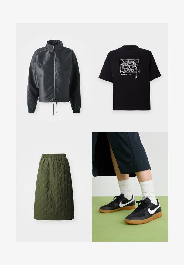 Casaco preto curto com colarinho alto, fecho de zip, punhos em elastano e um logótipo Nike branco. Tecido suave e brilhante com uma superfície ligeiramente texturizada.; T-shirt preta feita de algodão com mangas curtas. Apresenta uma gravação de teia de aranha branca e um logótipo na parte da frente. Possui um decote simples em forma redonda.; Saia verde acolchoada com cintura elástica. Apresenta um padrão de diamante, comprimento até ao joelho e textura suave.; Sapatilhas pretas em couro e sintético com o logo da Nike em branco, sola de borracha tipo goma, bico redondo e atacadores pretos. Meias brancas com frunces visíveis.