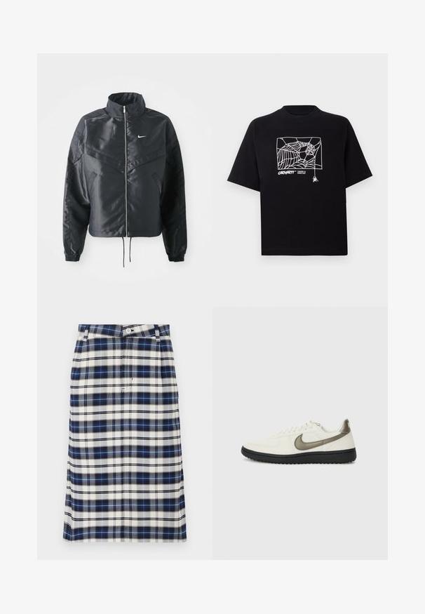 Schwarze, verkürzte Jacke mit hohem Kragen, Reißverschluss, Elastan-Ärmeln und einem weißen Nike-Logo. Glattes, glänzendes Material mit leicht strukturiertem Oberflächeneffekt.; Schwarzes T-Shirt aus Baumwolle mit kurzen Ärmeln. Mit einem weißen Spinnennetz-Graphic und Logo auf der Vorderseite. Einfacher runder Ausschnitt.; Karierte Shorts in Marineblau, Weiß und Grau. Verfügt über eine gerade Silhouette, Knopfverschluss und eine subtile Textur mit Rautenmuster.; Nike Sportswear FIELD GENERAL - Sneaker low - off-white/black