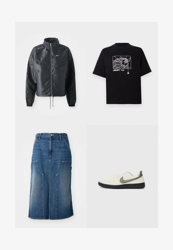 Črna skrajšana jakna z visokim ovratnikom, zadrgo, elastan rokavi in belim logotipom Nike. Gladek, sijoč material z rahlo teksturirano površino.; Črn T-majica iz bombaža s kratkimi rokavi. Na sprednji strani ima belo grafiko pajkove mreže in logo. Preprost okrogli izrez.; Modra denim krila z ravnim krojem, sprednjimi žepi in pasom s gumbom, z značilnim bledim videzom in podrobnostmi šivov.; Nike Sportswear FIELD GENERAL - Športni copati - off-white/black