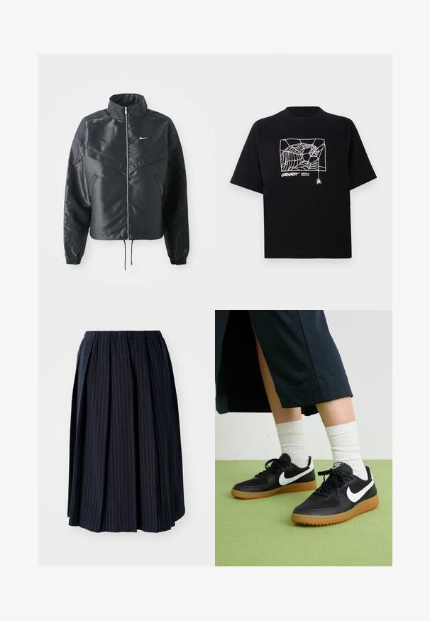 Casaco preto curto com colarinho alto, fecho de zip, punhos em elastano e um logótipo Nike branco. Tecido suave e brilhante com uma superfície ligeiramente texturizada.; T-shirt preta feita de algodão com mangas curtas. Apresenta uma gravação de teia de aranha branca e um logótipo na parte da frente. Possui um decote simples em forma redonda.; Saia plissada azul-marinho feita de tecido leve, com riscas brancas verticais e uma cintura elástica para um ajuste confortável.; Sapatilhas pretas em couro e sintético com o logo da Nike em branco, sola de borracha tipo goma, bico redondo e atacadores pretos. Meias brancas com frunces visíveis.