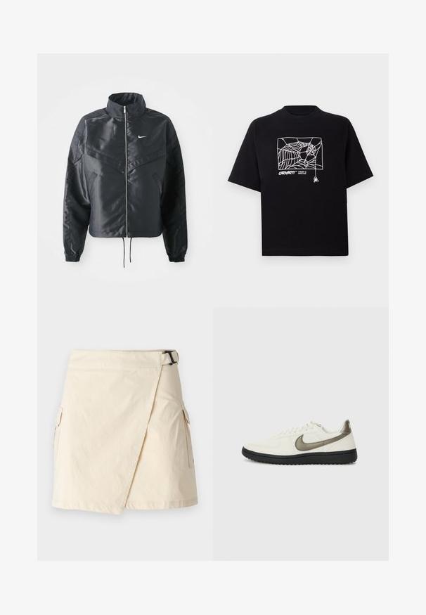 Schwarze, verkürzte Jacke mit hohem Kragen, Reißverschluss, Elastan-Ärmeln und einem weißen Nike-Logo. Glattes, glänzendes Material mit leicht strukturiertem Oberflächeneffekt.; Schwarzes T-Shirt aus Baumwolle mit kurzen Ärmeln. Mit einem weißen Spinnennetz-Graphic und Logo auf der Vorderseite. Einfacher runder Ausschnitt.; Beige Wickelrock aus leichtem Stoff, mit einer seitlichen Schnalle, zwei Cargo-Taschen und einem sauberen Saum.; Nike Sportswear FIELD GENERAL - Sneaker low - off-white/black