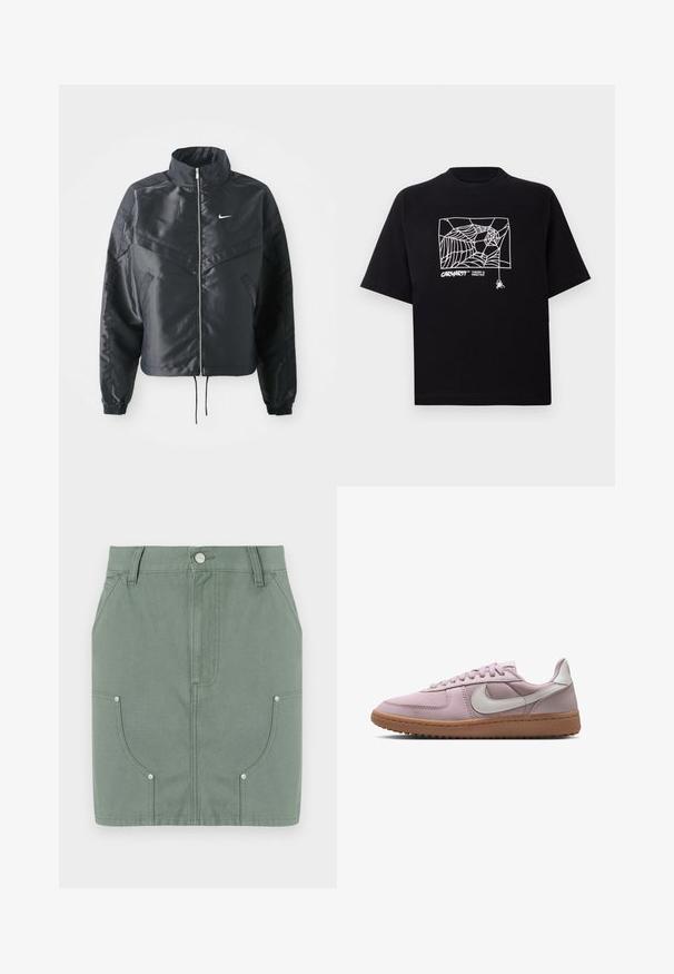 Schwarze, verkürzte Jacke mit hohem Kragen, Reißverschluss, Elastan-Ärmeln und einem weißen Nike-Logo. Glattes, glänzendes Material mit leicht strukturiertem Oberflächeneffekt.; Schwarzes T-Shirt aus Baumwolle mit kurzen Ärmeln. Mit einem weißen Spinnennetz-Graphic und Logo auf der Vorderseite. Einfacher runder Ausschnitt.; Grüne Baumwollrock mit einem taillierten Design, ausgestattet mit vorderen Taschen, glatter Textur und metallischen Hardware-Akzenten an den Taschen.; Rosa Sneaker mit einem glatten Obermaterial aus Stoff, weißem Logo und einer strukturierten Gummisohle. Verfügt über Schnürsenkel und einen gepolsterten Schaft für zusätzlichen Komfort.