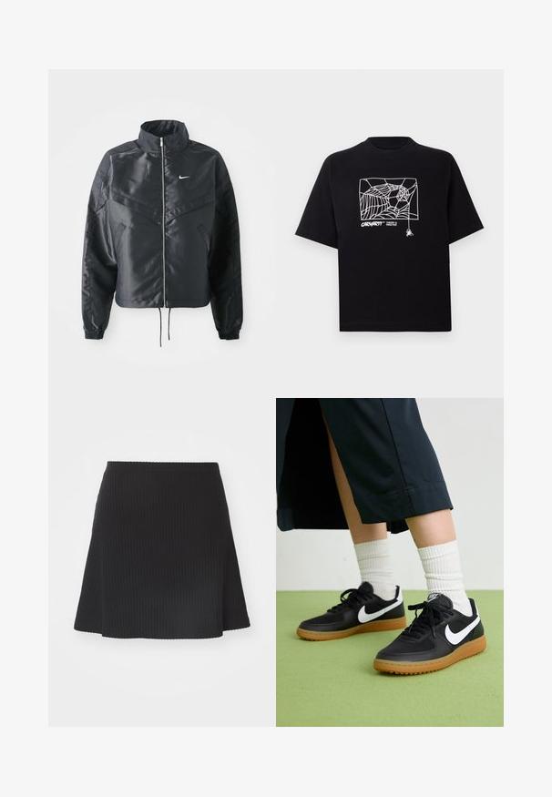 Fekete, rövidített dzseki magas gallérral, cipzáras záródással, elasztikus mandzsettákkal, és fehér Nike logóval. Simább, fényes anyag, enyhén textúrázott felülettel.; Fekete pamut póló rövid ujjakkal. Elülső részén fehér pókhálós grafika és logó található. Egyszerű, kerek nyakú.; Fekete bordázott mini szoknya fodros szegéllyel, texturált felülettel és passzos derékkal, rugalmas anyagból készült.; Fekete bőr és szintetikus sneakers, fehér Nike logo-val, gumi talppal, kerek orral és fekete fűzővel. Csíkos fehér zokni látható.