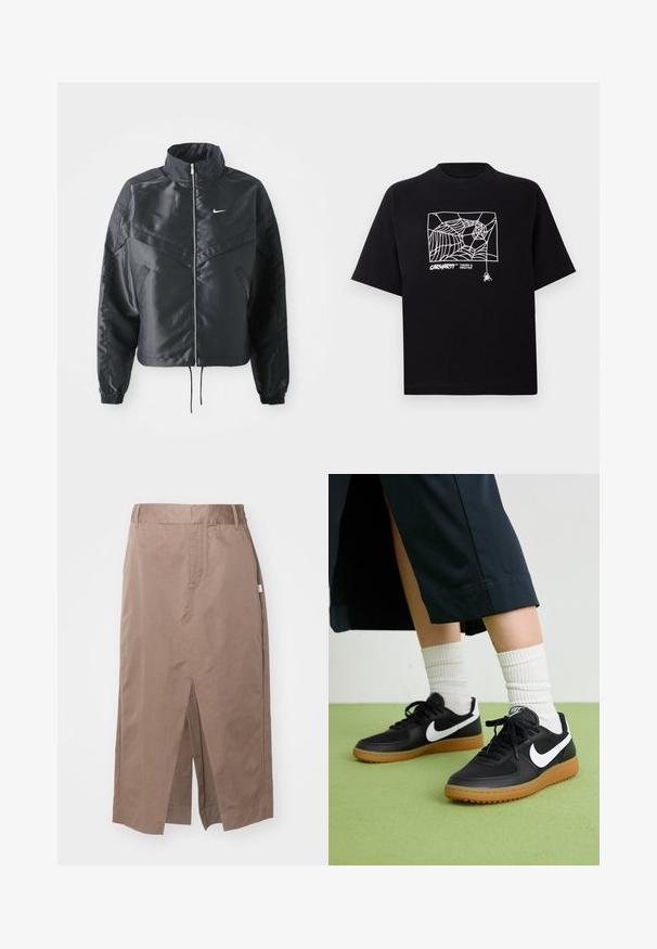 Fekete, rövidített dzseki magas gallérral, cipzáras záródással, elasztikus mandzsettákkal, és fehér Nike logóval. Simább, fényes anyag, enyhén textúrázott felülettel.; Fekete pamut póló rövid ujjakkal. Elülső részén fehér pókhálós grafika és logó található. Egyszerű, kerek nyakú.; Barna pamut szoknya egyenes szabású, elől hasítékkal, oldalsó zsebekkel és standard derékpánttal. Simább textúrájú és precíz varrású.; Fekete bőr és szintetikus sneakers, fehér Nike logo-val, gumi talppal, kerek orral és fekete fűzővel. Csíkos fehér zokni látható.