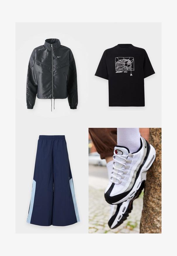 Must kolledžiga must lühike jope, millel on lukuga sulgus, elastne mansett ja valge Nike logo. Sile, läikiv kangas, millel on veidi tekstureeritud pind.; Mustmust särgis, millel on lühikesed varrukad. Esipaneelil on valge ämblikuvõrgu graafika ja logo. Lihtne ümmargune kaelus.; Tumed laiad püksid elastse vöökoha ja helesiniste külgpaneelidega, millel on sile tekstuur. Disainitud mugavuseks ja liikumise lihtsuseks.; Valged ja mustad võrgusneakerid sujuva hõbedase aktsendiga, millel on ümar varvas, nööridega kinni tõmbamine ja pehme tallaga.