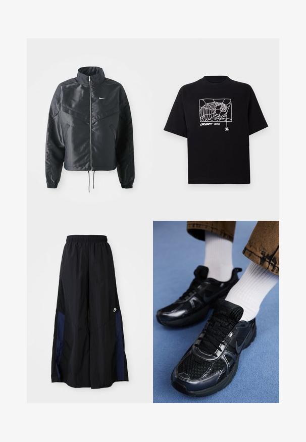 Jachetă croppată neagră cu guler înalt, închidere cu fermoar, manșete din elastan și un logo alb Nike. Material neted, lucios, cu o suprafață ușor texturată.; Tricou negru din bumbac, cu mâneci scurte. Dispune de un grafic alb cu o pânză de păianjen și un logo pe față. Guler simplu, rotund.; Pantaloni negri cu croi larg, confecționați dintr-un material ușor, având un panou lateral albastru marin și un brâu elastic. Logo mic alb în partea de jos.; Pantofii sport Nike negri au un superior din plasă cu accente strălucitoare, șireturi negre și o talpă texturată. Asortați cu șosete albe cu dungi.