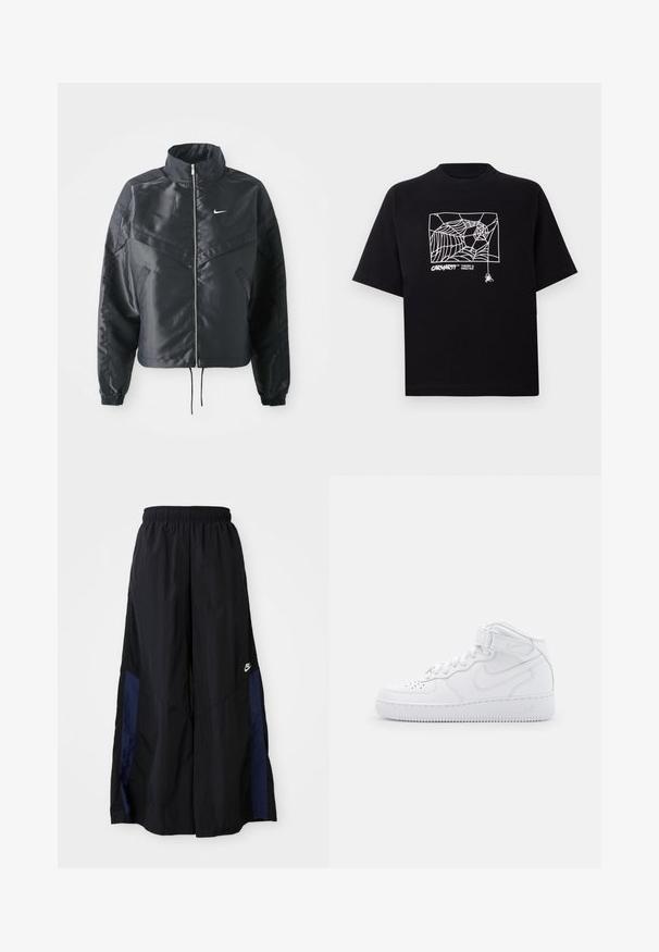 Casaco preto curto com colarinho alto, fecho de zip, punhos em elastano e um logótipo Nike branco. Tecido suave e brilhante com uma superfície ligeiramente texturizada.; T-shirt preta feita de algodão com mangas curtas. Apresenta uma gravação de teia de aranha branca e um logótipo na parte da frente. Possui um decote simples em forma redonda.; Calças largas pretas feitas de tecido leve, com um painel lateral azul-marinho e cintura elástica. Pequeno logótipo branco na parte inferior.; Tênis brancos de cano alto feitos de couro, com colarinho acolchoado, ponta perfurada, cadarços e tira ajustável no tornozelo; logotipo na lateral.